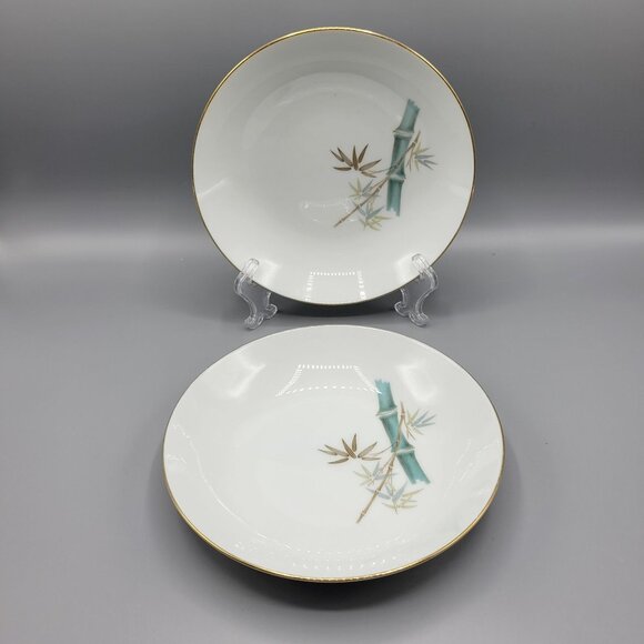 Vtg Noritake Oriental 6341 Bamboo Design Salad Bowls Gold Trim Japan Set Of 2 - Picture 1 of 10